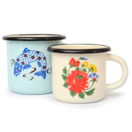 6 St. Emaille- Tasse mit Dekor